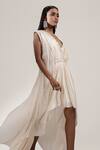 Buy_Jyoti Sachdev Iyer_White Bemberg V Neck Asymmetric Dress _at_Aza_Fashions
