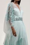 Jyoti Sachdev Iyer_Blue Chanderi Cape V Neck Gown Notched Sweetheart With Hand Embroidered _Online_at_Aza_Fashions