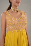 Shop_JYOTI SACHDEV IYER_Yellow Chanderi Embroidery Leaf Neck Tiered Gown _at_Aza_Fashions