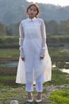 Shop_Juanita by Shubhda_White Handwoven Chanderi Lining Handloom Cotton Spread Collar Kurta And Pant Set _at_Aza_Fashions