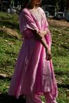 Juanita By Shubhda_Pink Handloom Cotton, Handwoven Chanderi V Neck Kurta Set_Online_at_Aza_Fashions