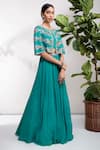 Buy_Aneesh Agarwaal_Green Chiffon Round Embroidered Cape Lehenga Set _at_Aza_Fashions