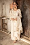 Buy_Kritika Dawar_White Shantoon, Kurta Linen Silk Palazzo Tissue Dupatta Embroidered Set _at_Aza_Fashions