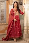 Buy_Kritika Dawar_Maroon Kurta Linen Silk Palazzo Banarasi Chanderi Dupatta Tissue Set _at_Aza_Fashions