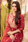 Shop_Kritika Dawar_Maroon Kurta Linen Silk Palazzo Banarasi Chanderi Dupatta Tissue Set _Online_at_Aza_Fashions