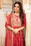 Kritika Dawar_Maroon Kurta Linen Silk Palazzo Banarasi Chanderi Dupatta Tissue Set _at_Aza_Fashions