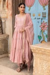 Shop_Kritika Dawar_Pink Anarkali Chanderi Cotton Silk Pant Cotton Dupatta Tiered Set _at_Aza_Fashions