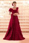 Buy_Charu And Vasundhara_Maroon Blouse Net, Organza Lehenga Net Dupatta Hand Embroidered Bridal Set_at_Aza_Fashions