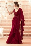 Buy_Charu and Vasundhara_Maroon Saree Chiffon Blouse Silk V Neck Ruffle With Embroidered _at_Aza_Fashions