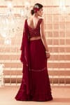 Shop_Charu and Vasundhara_Maroon Saree Chiffon Blouse Silk V Neck Ruffle With Embroidered _at_Aza_Fashions