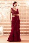 Charu and Vasundhara_Maroon Saree Chiffon Blouse Silk V Neck Ruffle With Embroidered _Online_at_Aza_Fashions