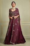 Charu And Vasundhara Maroon Georgette, Tussar , Paper Leaf Neck Embroidered Cape Lehenga Set Online at Aza Fashions Charu And Vasundhara_Maroon Georgette, Tussar , Paper Leaf Neck Embroidered Cape Lehenga Set_Online_at_Aza_Fashions