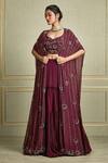 Shop Charu And Vasundhara Maroon Georgette, Tussar , Paper Leaf Neck Embroidered Cape Lehenga Set at Aza Fashions Shop_Charu And Vasundhara_Maroon Georgette, Tussar , Paper Leaf Neck Embroidered Cape Lehenga Set_at_Aza_Fashions