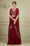 Buy_Charu and Vasundhara_Red Paper Silk V Neck Asymmetric Cape Lehenga Set _at_Aza_Fashions