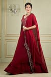 Charu and Vasundhara_Red Paper Silk V Neck Asymmetric Cape Lehenga Set _Online_at_Aza_Fashions