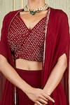 Buy_Charu and Vasundhara_Red Paper Silk V Neck Asymmetric Cape Lehenga Set _Online_at_Aza_Fashions