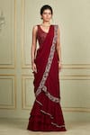 Buy_Charu and Vasundhara_Maroon Tussar V Neck Embroidered Lehenga Saree Set _at_Aza_Fashions