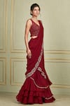 Charu and Vasundhara_Maroon Tussar V Neck Embroidered Lehenga Saree Set _Online_at_Aza_Fashions