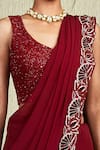 Buy_Charu and Vasundhara_Maroon Tussar V Neck Embroidered Lehenga Saree Set _Online_at_Aza_Fashions