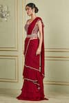 Buy_Charu and Vasundhara_Maroon Tussar V Neck Embroidered Lehenga Saree Set _at_Aza_Fashions