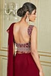 Charu and Vasundhara_Maroon Tussar V Neck Embroidered Lehenga Saree Set _Online_at_Aza_Fashions