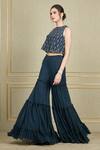 Buy_Charu And Vasundhara_Blue Georgette Round Embroidered Top And Sharara Set _at_Aza_Fashions