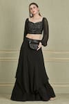 Buy_Charu And Vasundhara_Black Georgette, Tussar Sweetheart Neck Layered Lehenga Set_at_Aza_Fashions