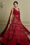 Buy_Charu and Vasundhara_Red Tussar Sweetheart Neck Embroidered Bridal Lehenga Set_at_Aza_Fashions