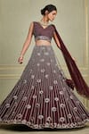 Buy_Charu and Vasundhara_Maroon Tussar V Neck Embroidered Bridal Lehenga Set _at_Aza_Fashions