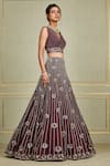 Shop_Charu and Vasundhara_Maroon Tussar V Neck Embroidered Bridal Lehenga Set _at_Aza_Fashions