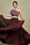 Buy_Charu And Vasundhara_Maroon Net, Tussar Asymmetric Embroidered One Shoulder Lehenga Set_at_Aza_Fashions