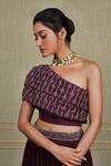 Shop_Charu And Vasundhara_Maroon Net, Tussar Asymmetric Embroidered One Shoulder Lehenga Set_at_Aza_Fashions