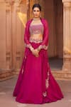 Buy_Charu and Vasundhara_Pink Tussar Silk And Organza Embroidery Square Neck Embellished Cape Lehenga Set _at_Aza_Fashions