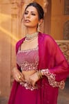 Buy_Charu and Vasundhara_Pink Tussar Silk And Organza Embroidery Square Neck Embellished Cape Lehenga Set _Online_at_Aza_Fashions