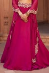 Shop_Charu and Vasundhara_Pink Tussar Silk And Organza Embroidery Square Neck Embellished Cape Lehenga Set _Online_at_Aza_Fashions