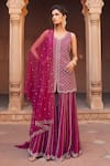 Buy_Charu and Vasundhara_Pink Kurta And Dupatta- Net Embellished Leaf Neck Sharara Set _at_Aza_Fashions