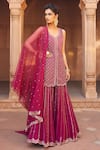 Charu and Vasundhara_Pink Kurta And Dupatta- Net Embellished Leaf Neck Sharara Set _Online_at_Aza_Fashions