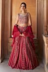 Buy_Charu and Vasundhara_Red Blouse- Tussar Silk Embroidery Leaf Neck Embellished Lehenga Set _Online_at_Aza_Fashions