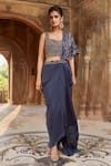 Buy_Charu And Vasundhara_Blue Blouse- Tussar Silk, Saree- Crepe And Organza Sweetheart Pre-draped With _at_Aza_Fashions