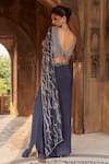 Shop_Charu And Vasundhara_Blue Blouse- Tussar Silk, Saree- Crepe And Organza Sweetheart Pre-draped With _at_Aza_Fashions