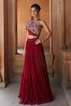 Buy_Charu and Vasundhara_Red Blouse- Tussar Silk Embroidery Asymmetric Embellished Lehenga Set _at_Aza_Fashions