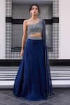 Buy_Charu and Vasundhara_Blue Blouse Silk Embroidered Linear Asymmetric Erika Draped And Lehenga Set_at_Aza_Fashions