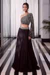 Shop_Charu and Vasundhara_Black Blouse Net Embroidered Beads Asymmetric Ella And Lehenga Set _at_Aza_Fashions