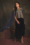 Nikita Vishakha_Blue Top Mesh Skirt Velvet Cape Net Zardozi Crop Sahiba Draped Set With _Online_at_Aza_Fashions