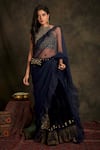 Buy_Nikita Vishakha_Blue Bralette Mesh Saree Bottom Velvet Draped Janki Pre-stitched Ruffle Set _at_Aza_Fashions