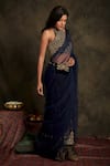 Nikita Vishakha_Blue Bralette Mesh Saree Bottom Velvet Draped Janki Pre-stitched Ruffle Set _Online_at_Aza_Fashions