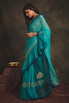 Buy_Nikita Vishakha_Blue Silk Organza, Bralette Mesh Saree Bottom Velvet Draped Vaidehi Set _Online_at_Aza_Fashions