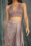 Nikita Vishakha_Purple Modal Satin Hand Embroidered Crochet Work Bralette And Cowl Skirt Set _Online_at_Aza_Fashions