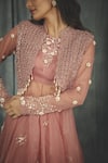 Buy_Nikita Vishakha_Pink Organza Hand Embroidered Crochet Work High Neck Pearl Jacket Lehenga Set _Online_at_Aza_Fashions