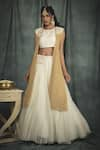 Buy_Nikita Vishakha_White Raw Silk Hand Embroidered Crochet Work Round Pearl Jacket Lehenga Set _at_Aza_Fashions